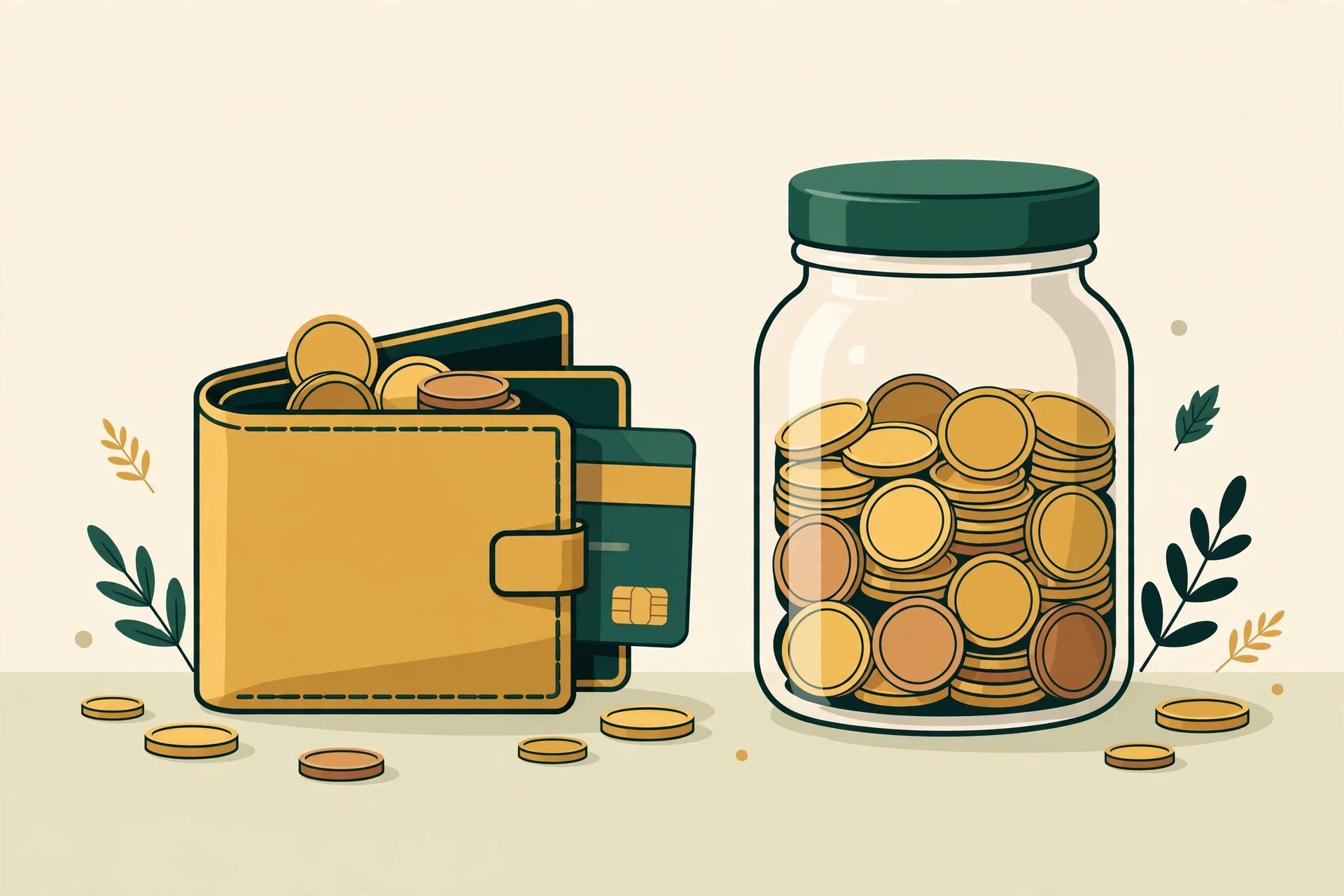 Illustration of a wallet with a card beside a full glass savings jar — checking vs savings accounts explained, and how people use both together