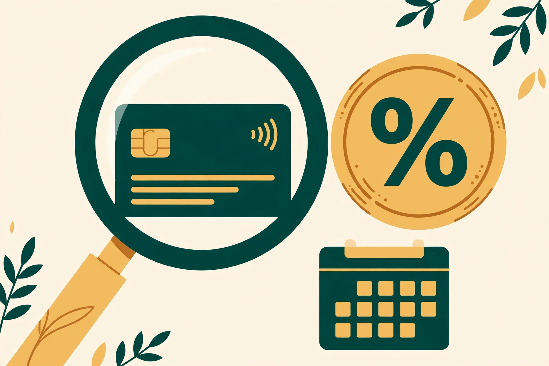 Illustration of a credit card under a magnifying glass beside a percent-symbol coin and a calendar — what credit card APR is and how interest is charged