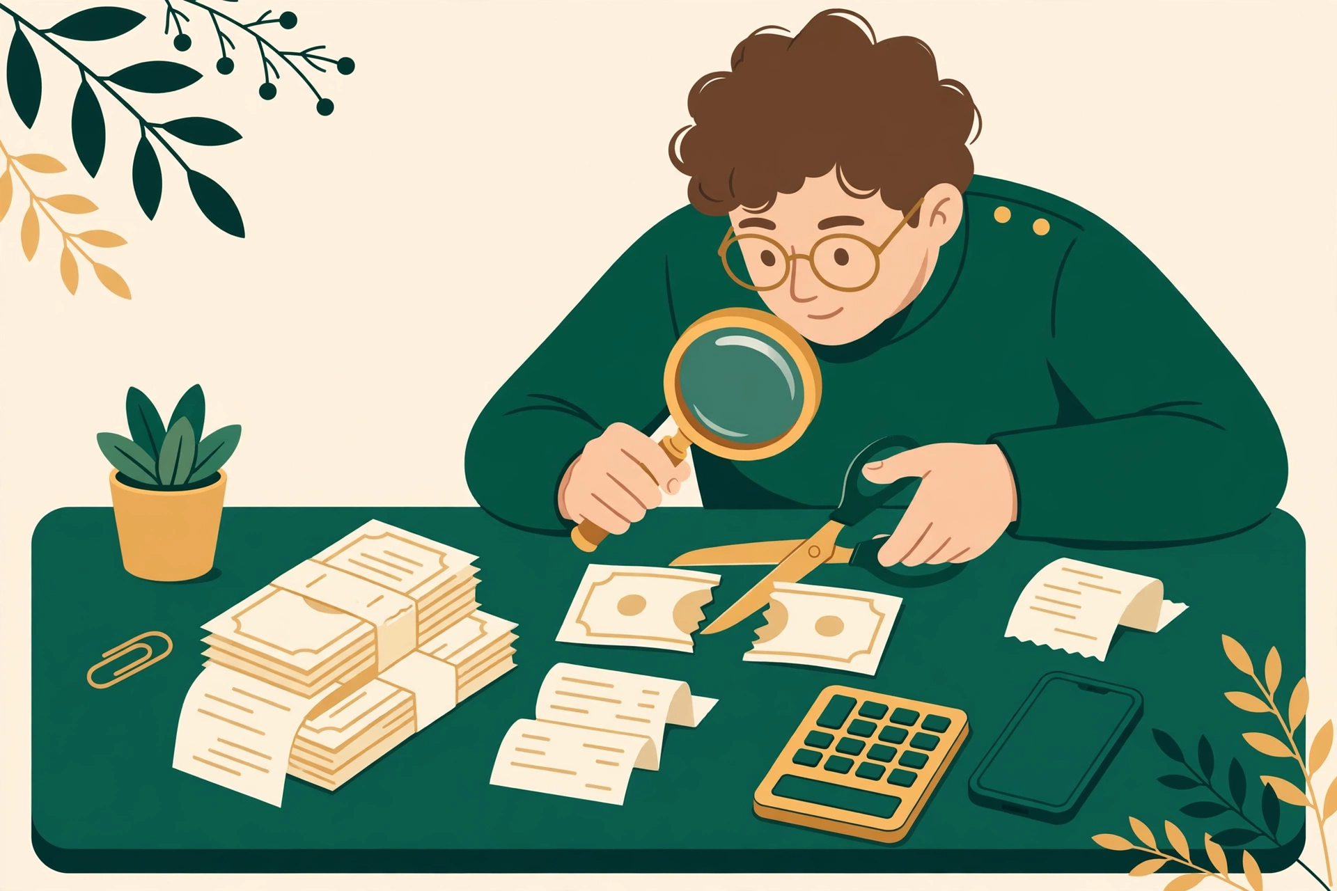 Illustration of a person reviewing a stack of household bills with a magnifying glass and cutting one bill — how to lower your monthly bills with a bill audit
