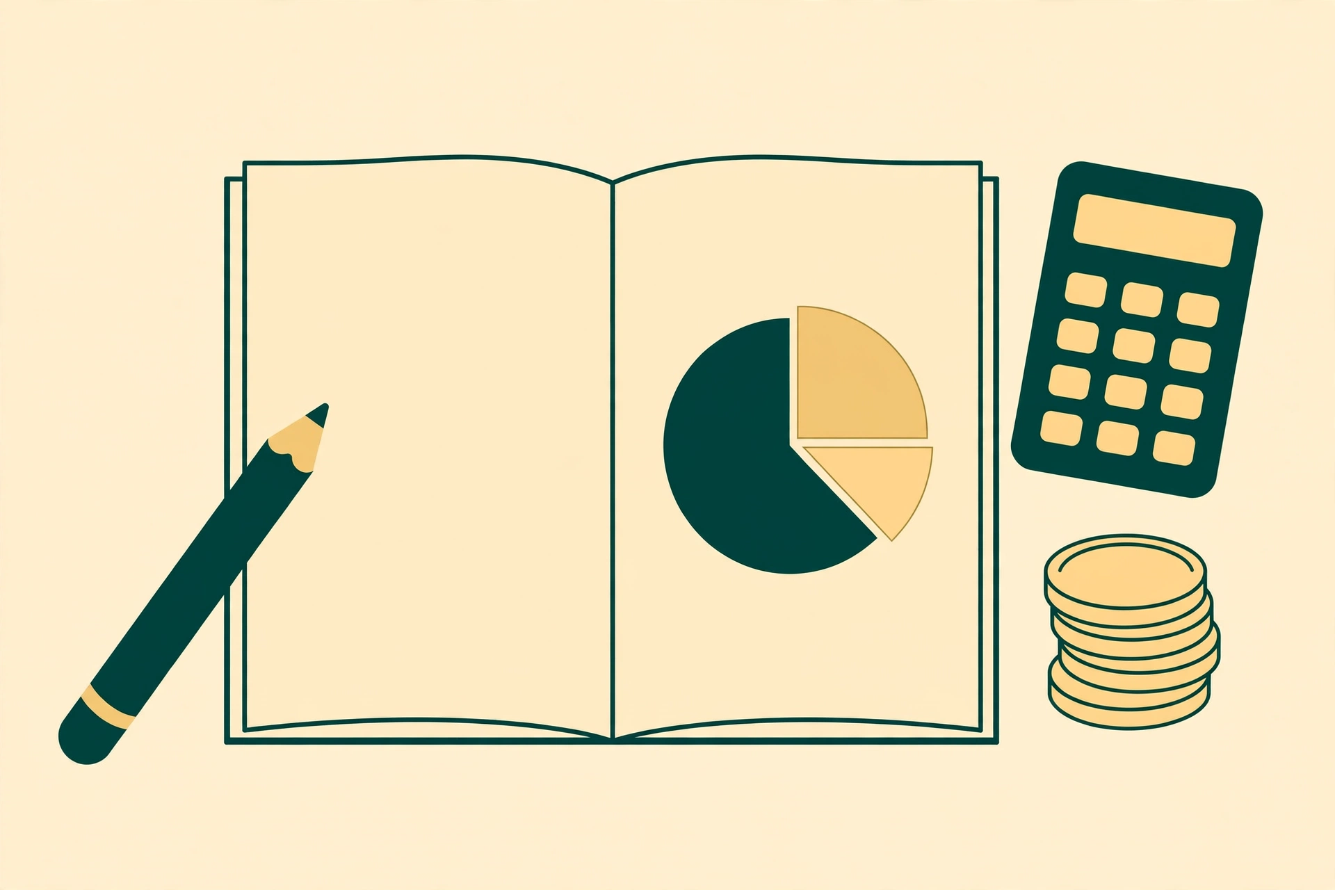 Open notebook showing a budget pie chart next to a calculator, pencil and coins — learning how to make a budget with the 50/30/20 rule