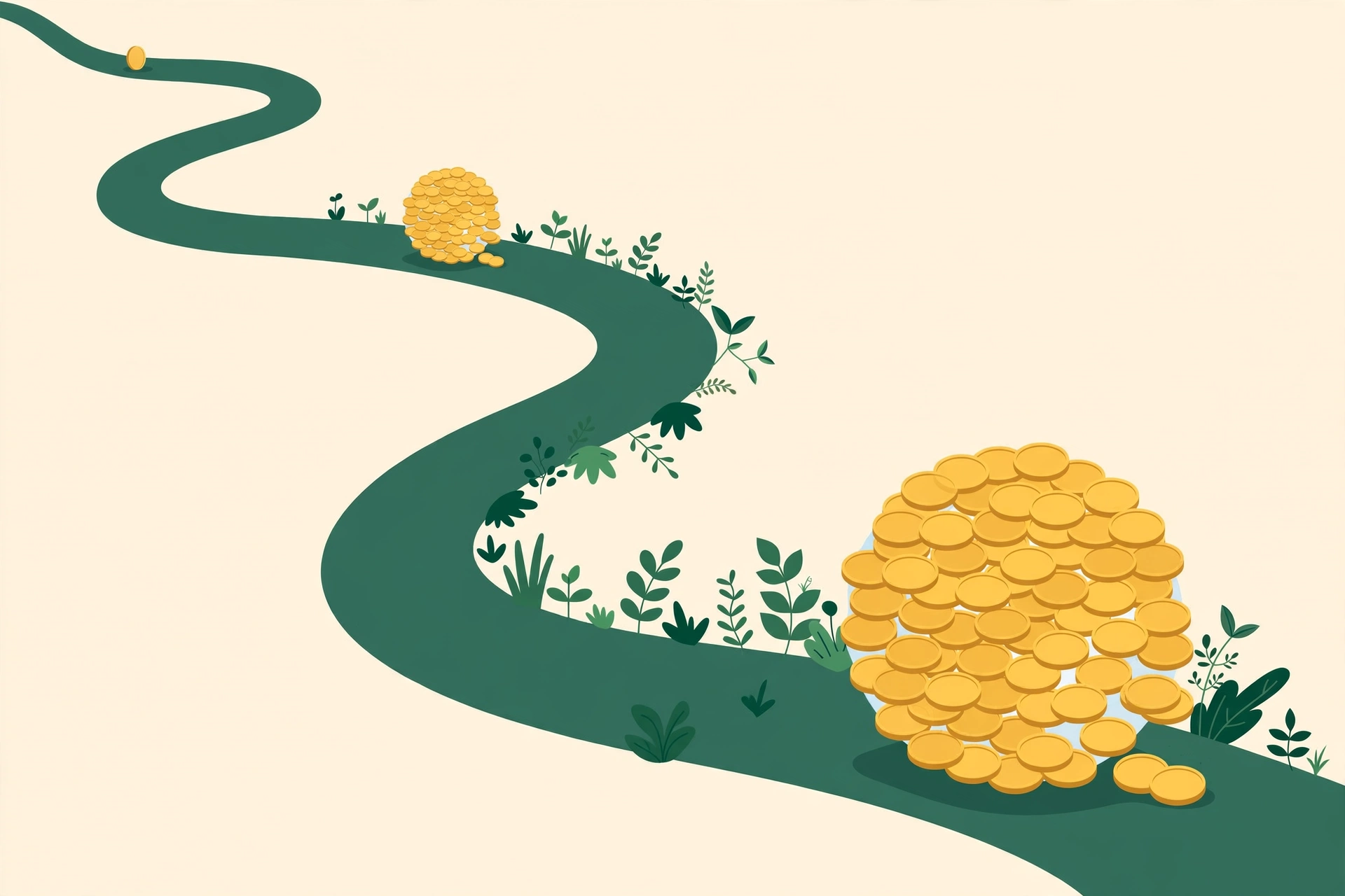 Illustration of a single coin gathering into a bigger and bigger ball of coins along a winding path — how compound interest works as growth builds on growth