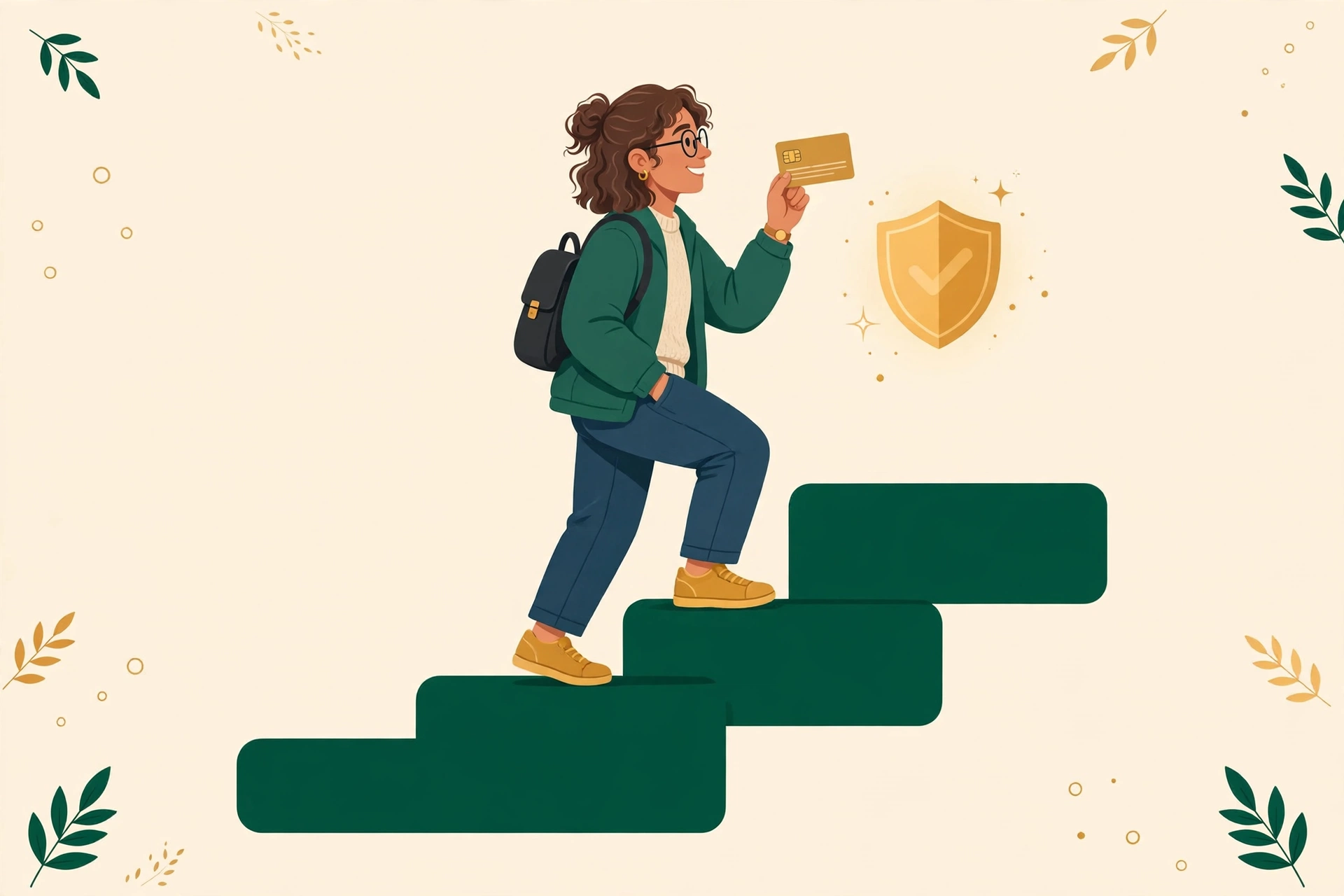 Illustration of a person climbing wide steps while holding a first credit card beside a shield — how to build credit from scratch