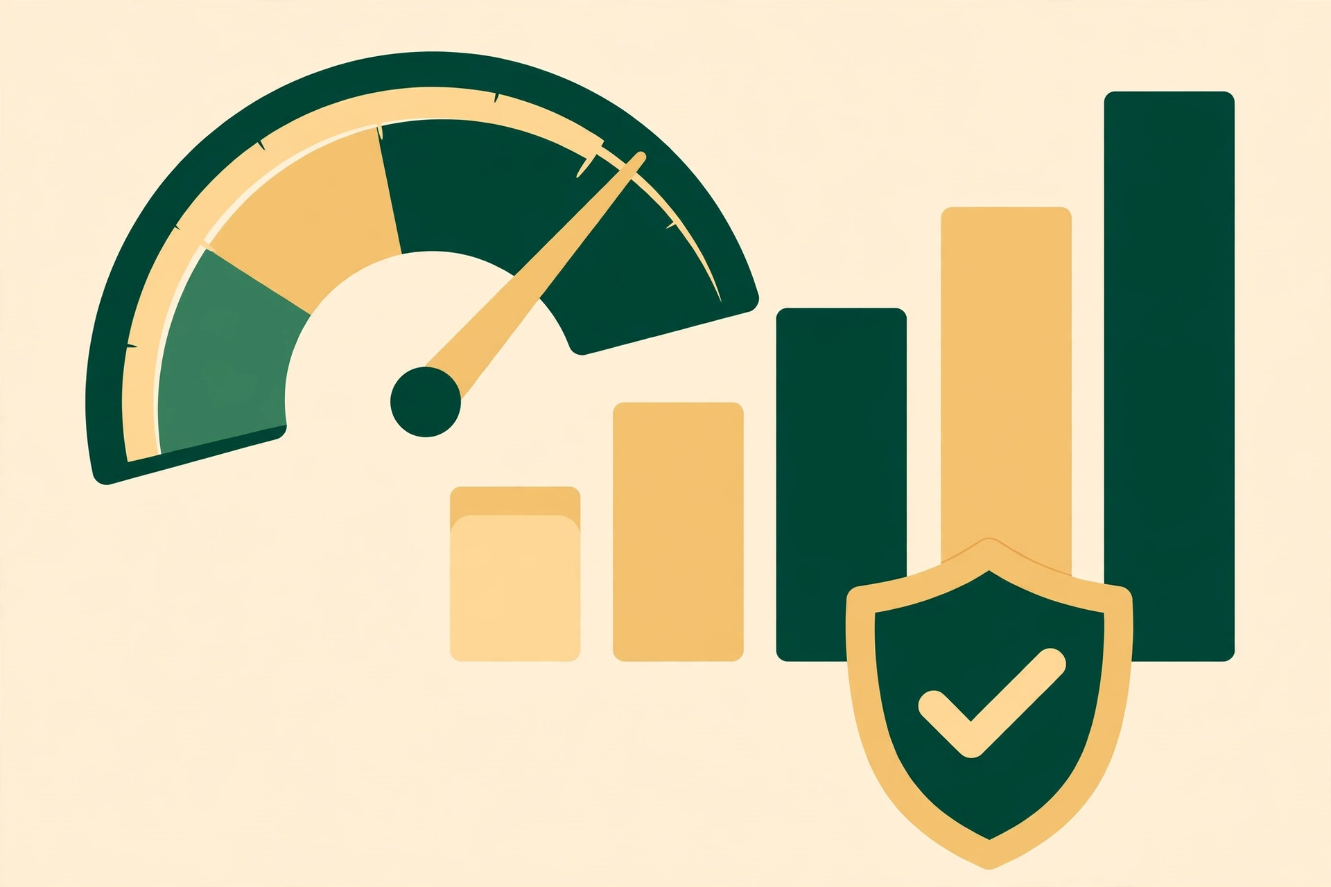 Illustration of a credit score gauge pointing high with rising bars and a protective shield — credit scores explained and how to improve your credit score