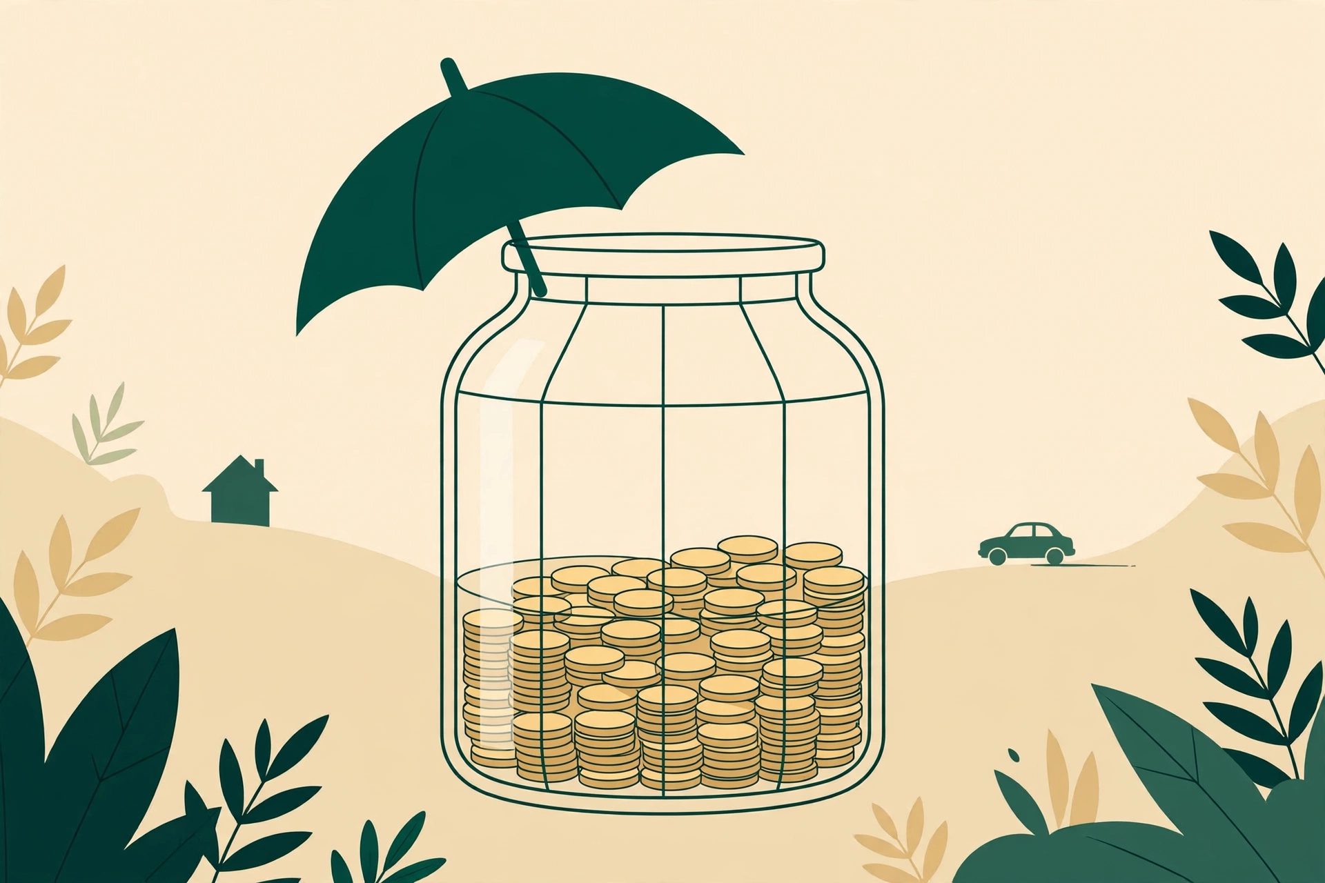 Illustration of a savings jar filled with coins sheltered by an umbrella — how to build an emergency fund that protects your home and car