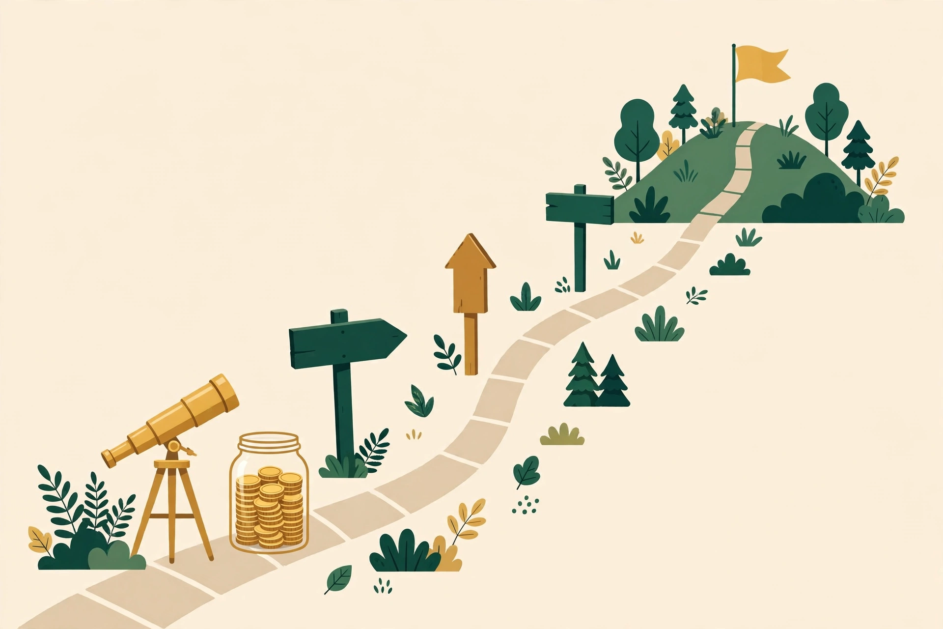 Illustration of a path with signposts leading to a flag on a hill, with a telescope and a jar of coins at the start — how to set financial goals that stick