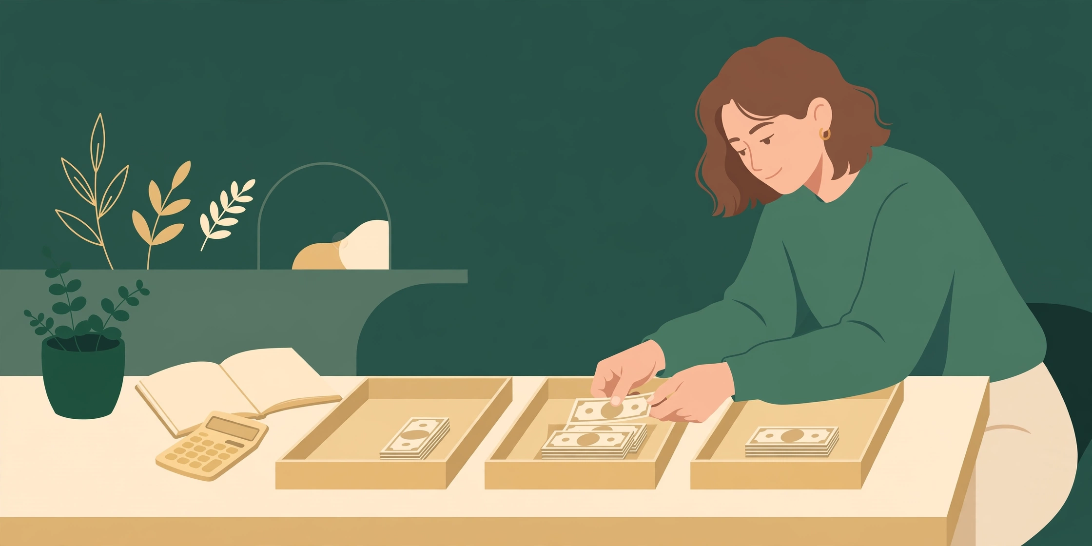 Illustration of a person calmly sorting money into trays at a desk — how to make a budget and organize personal finances