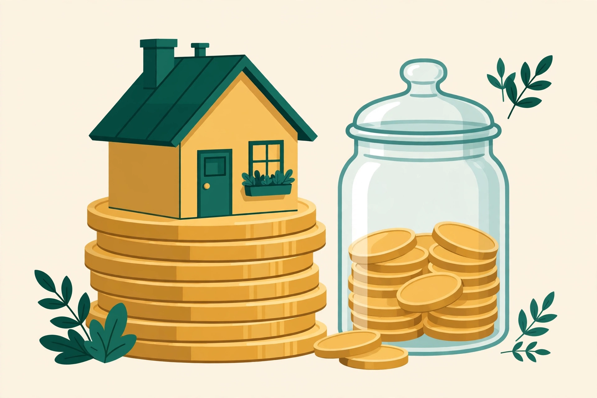 Illustration of a small house standing on a stack of coins beside a savings jar — how to save for a house down payment with a target and a timeline