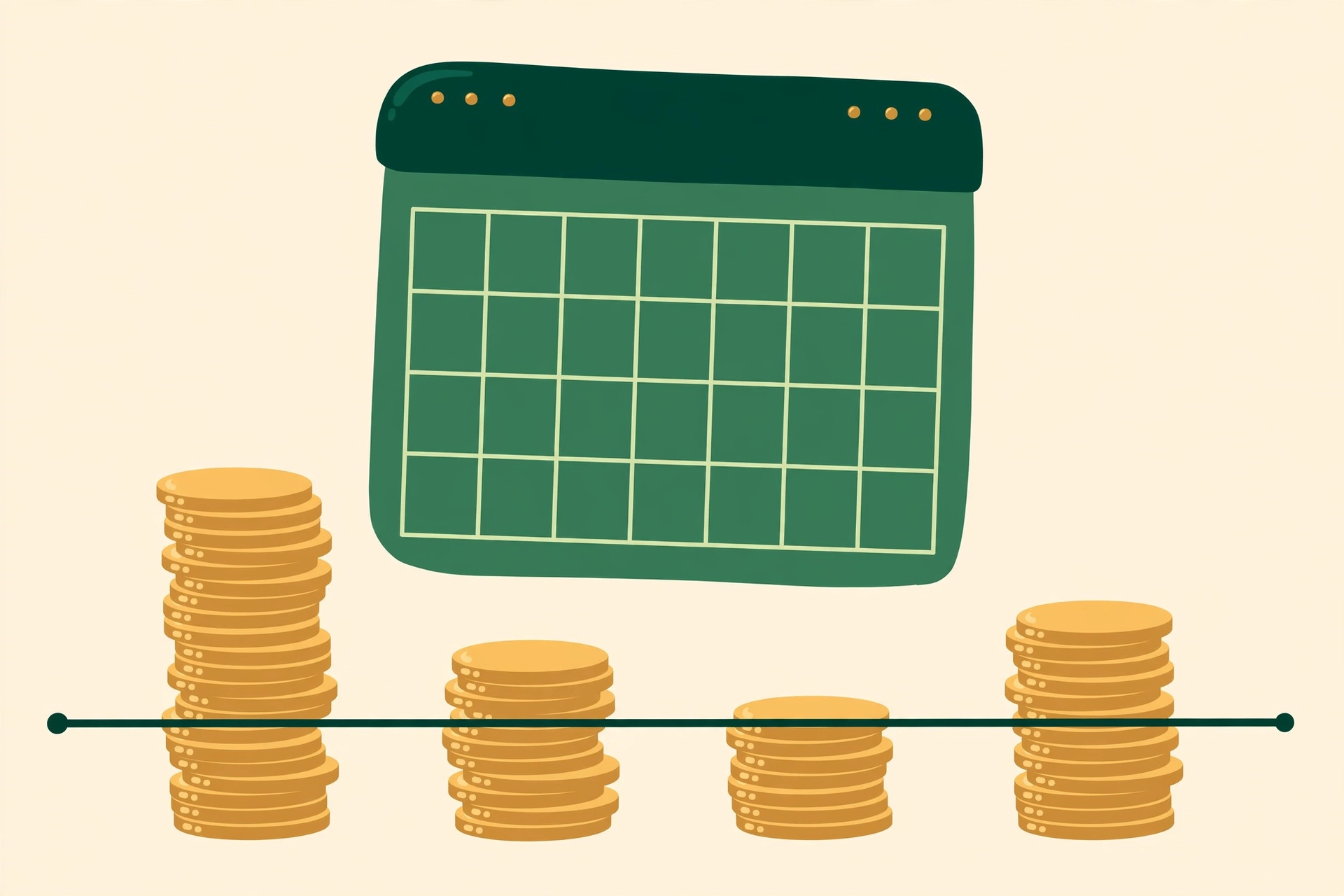 Illustration of a calendar with uneven stacks of coins under different weeks and a steady line across them — budgeting on an irregular income using a baseline month