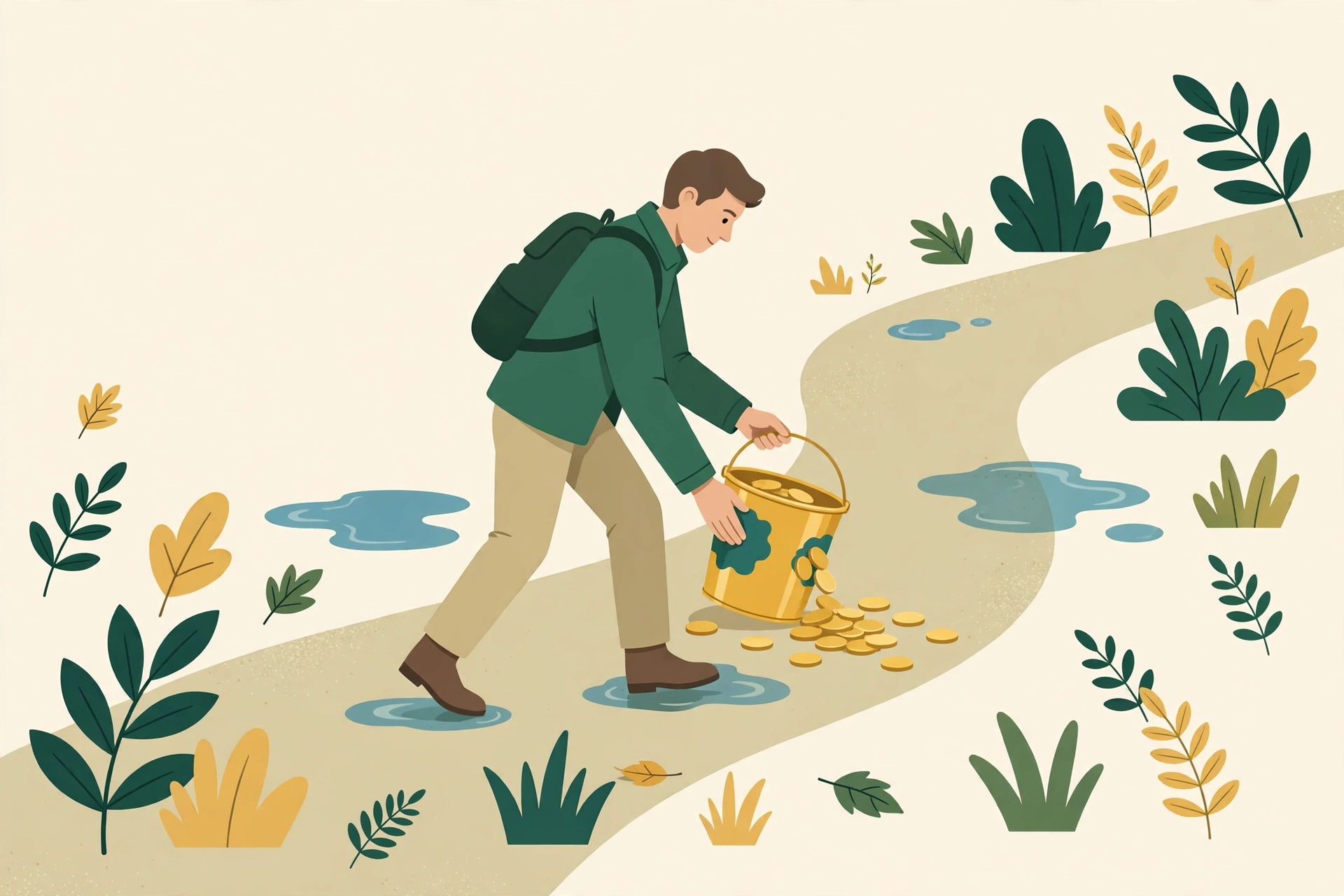 Illustration of a person calmly patching a leaking bucket of coins — common money mistakes and how to avoid them
