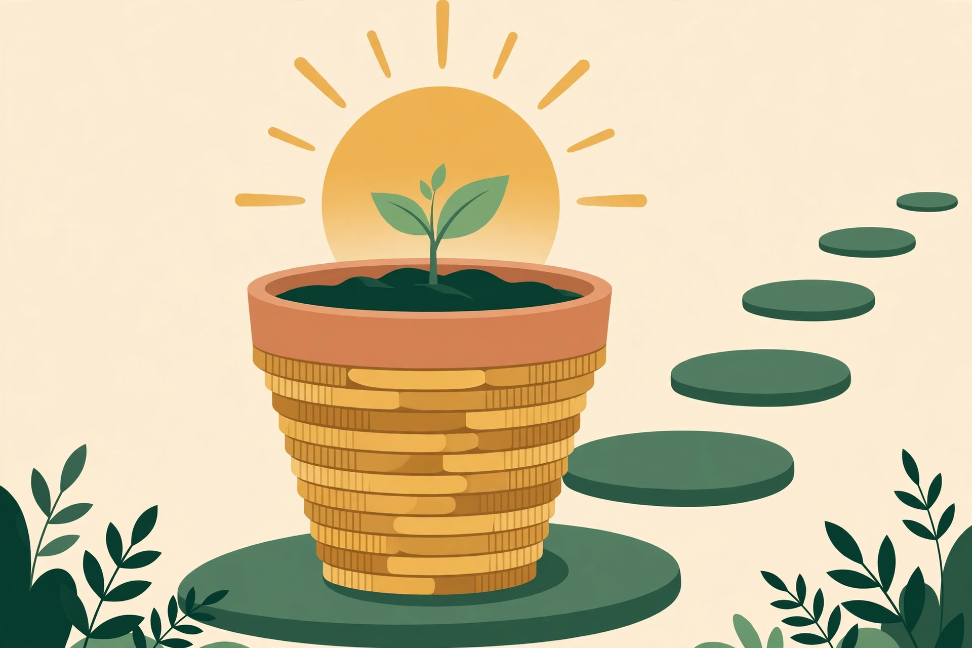 Illustration of a seedling growing from a pot of stacked coins under a rising sun — retirement accounts explained in plain language