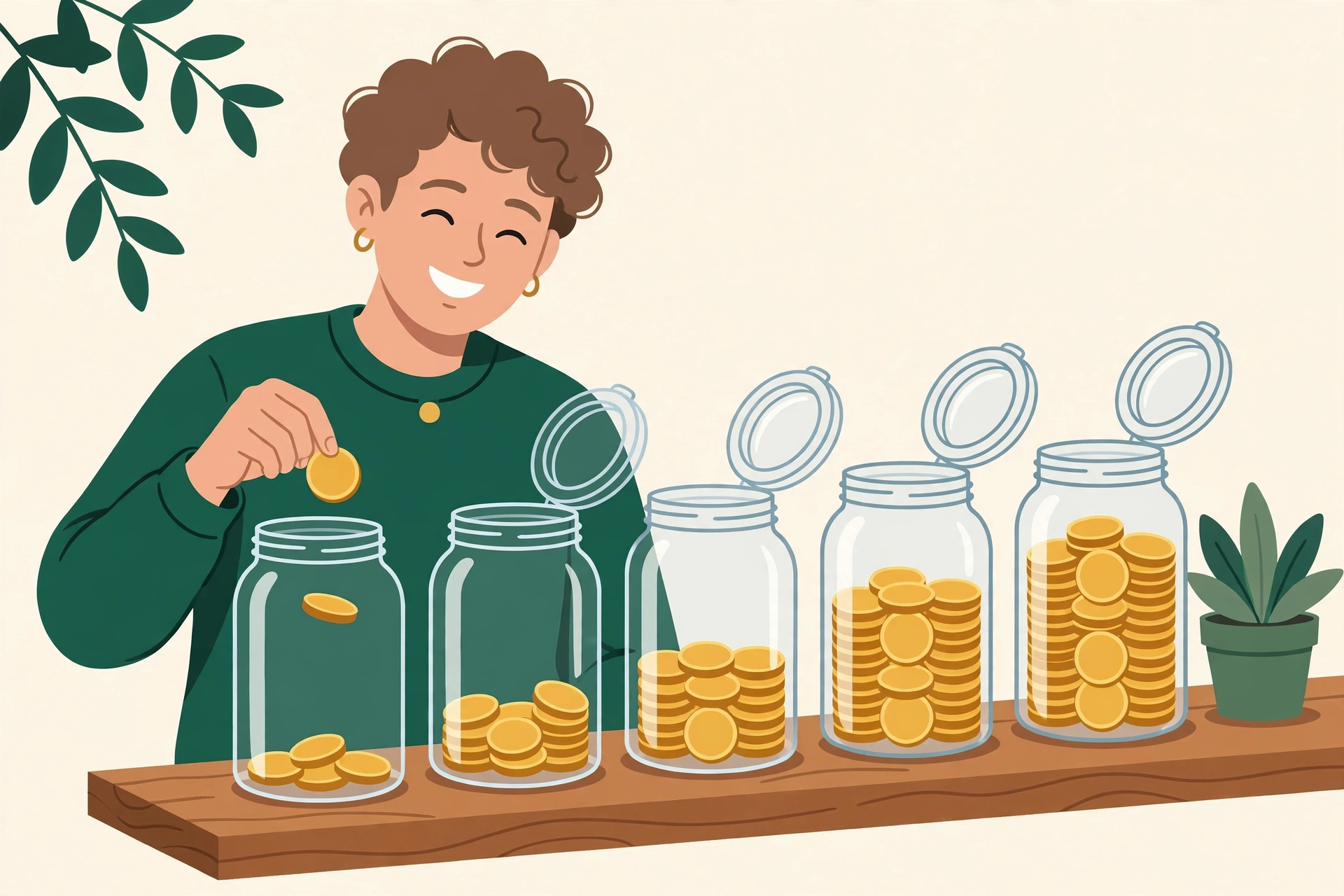 Illustration of a person adding coins to a row of glass savings jars that fill up one by one — how to start saving money on any income